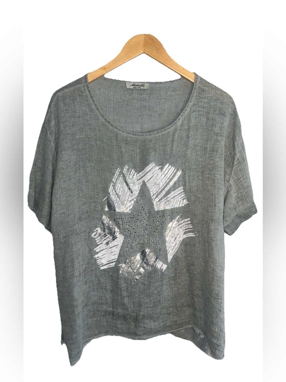 Linen Sage Green Top Women’s Large Italy Boho Star Graphic Lightweight Top
